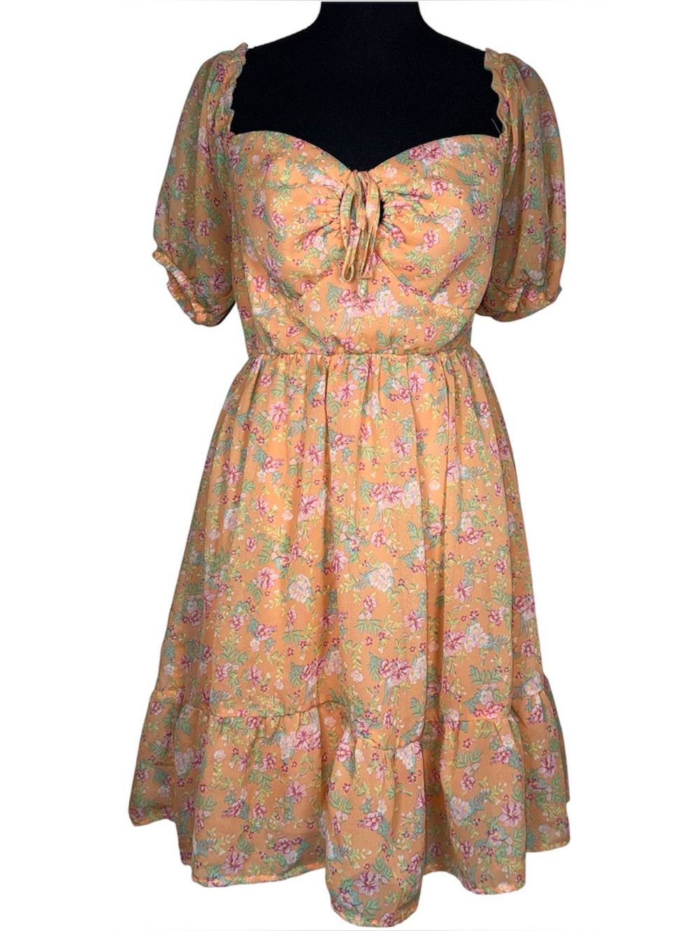 Floral Sweetheart Tie Front Keyhole Short Sleeve Fit & Flare Dress L Cottagecore